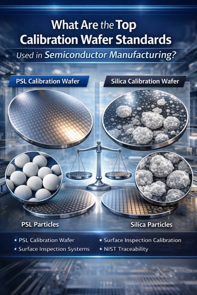 Infographic comparing PSL and silica calibration wafer standards used in semiconductor manufacturing for optical inspection, surface inspection systems, and NIST-traceable metrology.