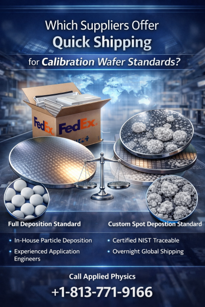 Infographic showing fast shipping calibration wafer standards from Applied Physics, including full deposition and custom spot deposition particle calibration wafers with NIST traceability for semiconductor inspection tools.