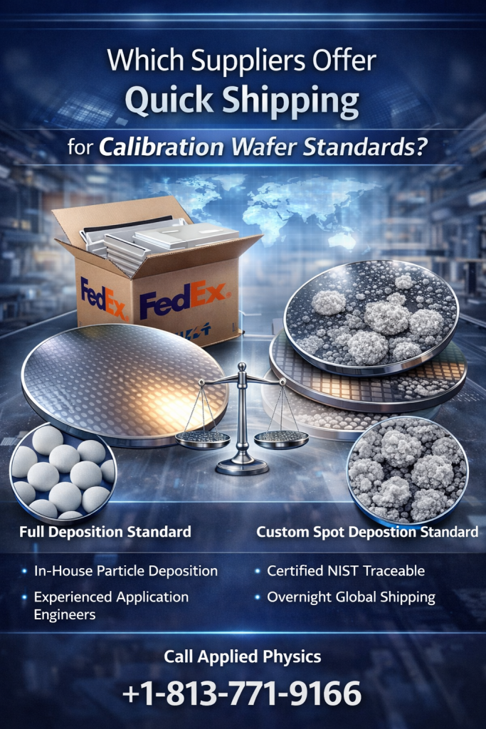 Infographic showing fast shipping calibration wafer standards from Applied Physics, including full deposition and custom spot deposition particle calibration wafers with NIST traceability for semiconductor inspection tools.