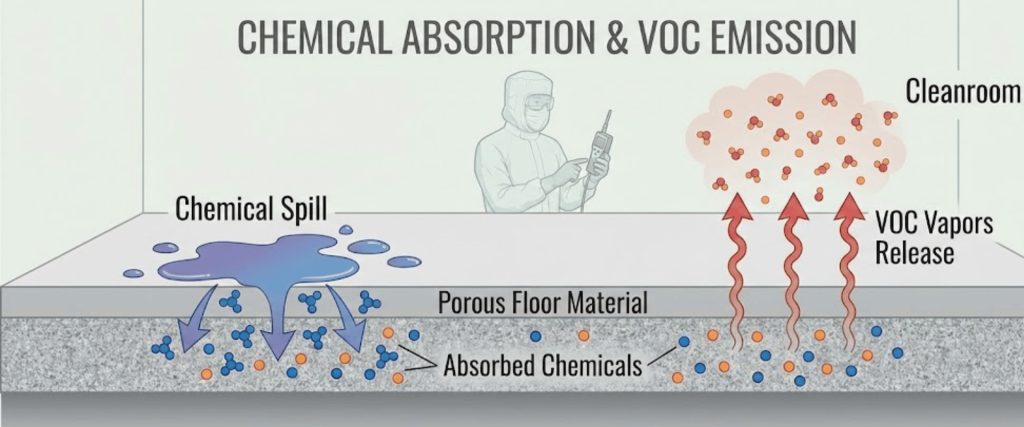 Chemical spill soaks into porous floor, absorbed chemicals release VOC vapors rising into cleanroom air, technician in protective suit monitors levels