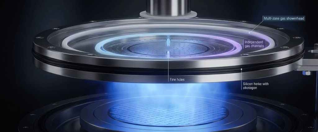 Circular multi-zone gas showerhead and silicon wafer alignment with glowing blue plasma flow between precision metal chambers