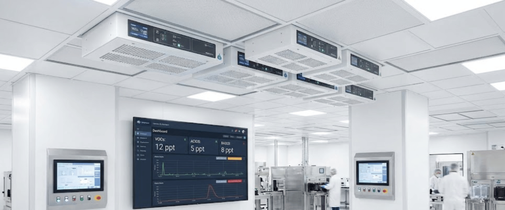 Clean lab production room with wall monitors displaying air-quality graphs, ceiling filtration units, and technicians in white cleanroom suits
