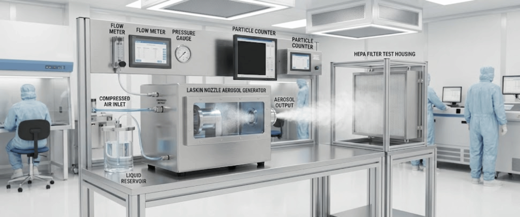 Clean laboratory with technicians in protective suits operating a Laskin nozzle aerosol generator, particle counters, and HEPA filter test housing