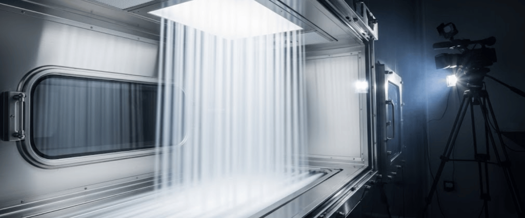 Cleanroom HEPA test chamber with bright vertical air flow beams pouring from a ceiling filter into a stainless steel tray, camera on tripod recording