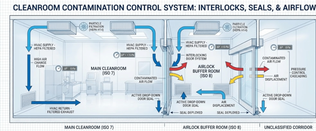 Cleanroom cross-section diagram showing airflow, HEPA filters, interlocking doors, and pressure cascades between main cleanroom (ISO 7), airlock buffer room (ISO 8), and corridor