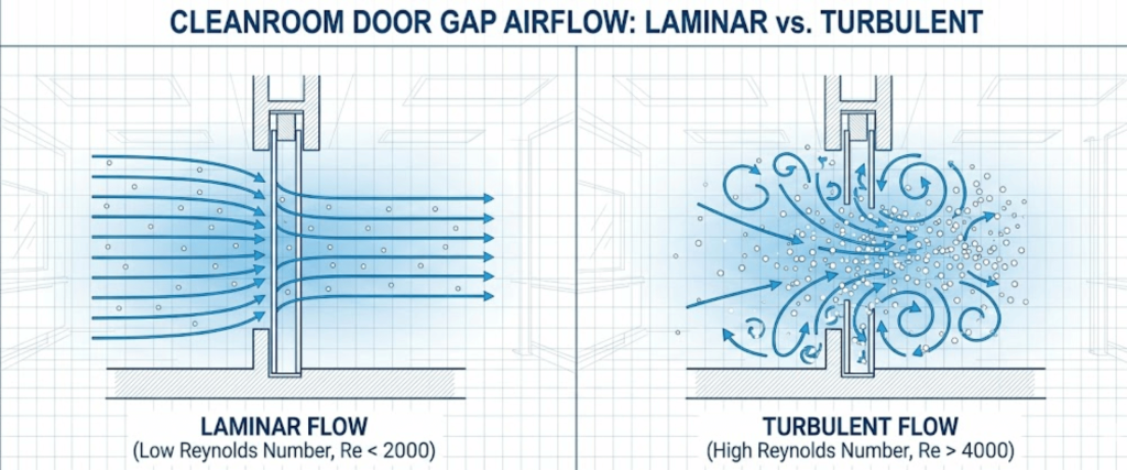 Cleanroom door gap airflow diagram showing laminar straight flow on left and chaotic turbulent vortices on right, with labels and arrows