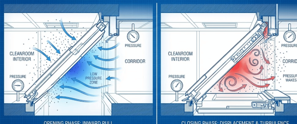 Cleanroom door opening (left) shows inward air pull into a low-pressure zone; closing (right) shows turbulent displacement and air leakage into corridor