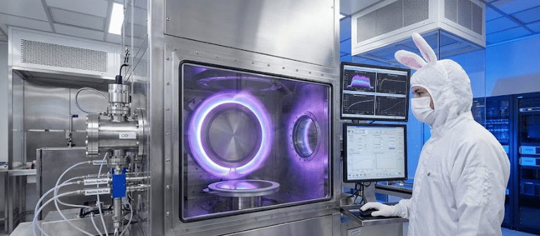 Cleanroom engineer in bunny-hood protective suit operating plasma chamber with glowing purple ring and monitoring screens