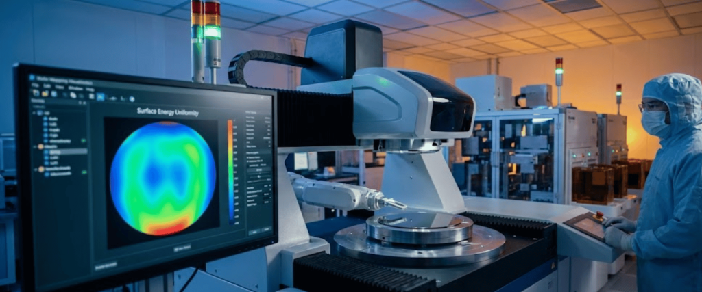 Cleanroom engineer operating automated wafer inspection system with robotic arm and thermal mapping displayed on nearby monitor