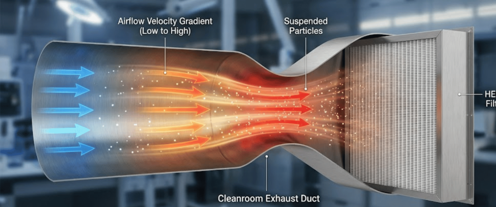 Cleanroom exhaust duct shows airflow speeding through a constriction, carrying suspended particles toward a HEPA filter that captures contaminants