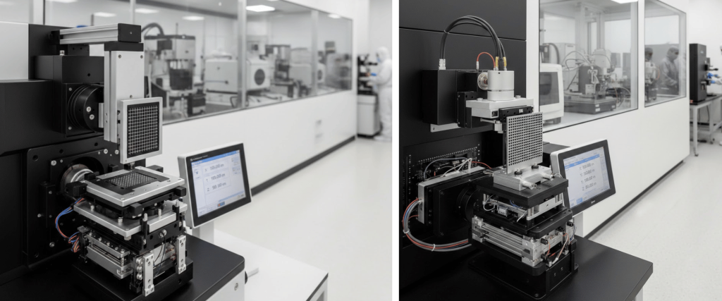 Cleanroom lab with precision testing equipment in foreground and a technician in full cleanroom suit working at a station in background