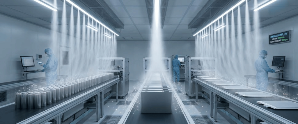 Cleanroom production line with workers in full protective suits operating machinery and computers under laminar airflow.

