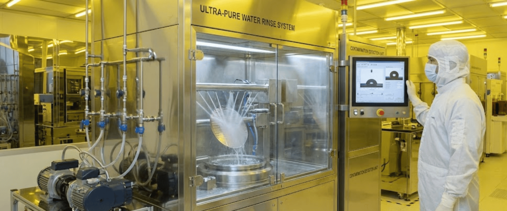 Cleanroom technician in full protective gear operating an ultra-pure water rinse system, monitoring controls as wafers are rinsed inside stainless chamber