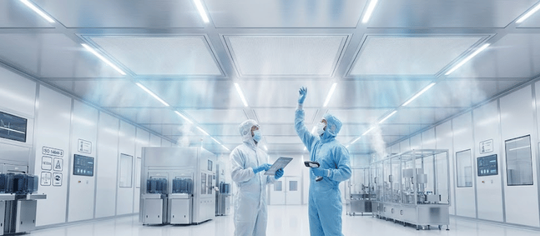 Cleanroom technicians in full protective gear inspect HVAC air flow and equipment inside a bright pharmaceutical manufacturing facility