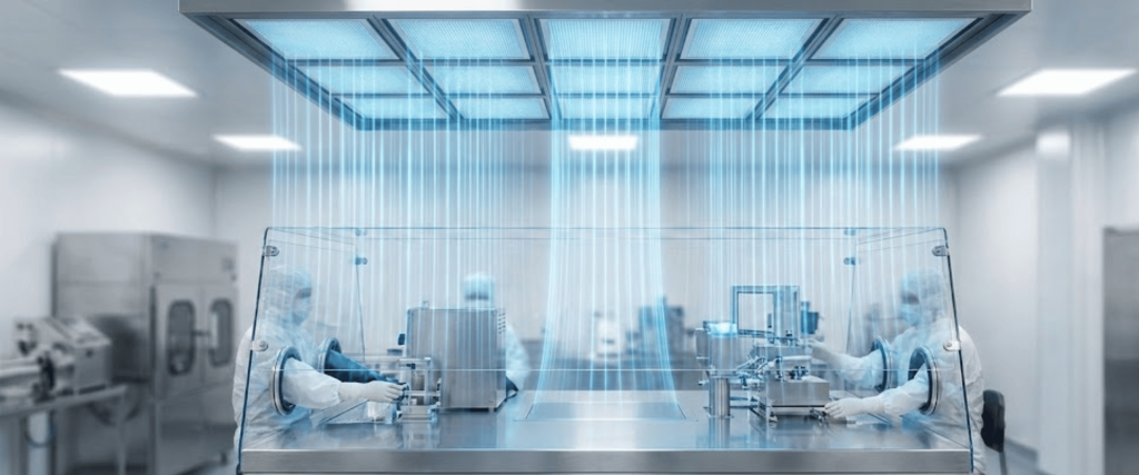 Cleanroom technicians in full protective suits working at a sterile laminar-flow workstation assembling medical devices under overhead HEPA filters