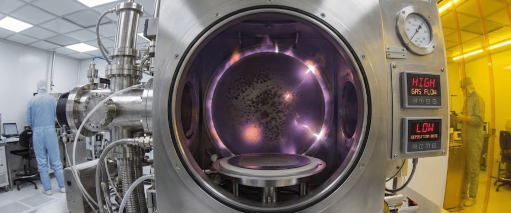 Cleanroom technicians in suits work around a stainless vacuum chamber with glowing plasma inside and control panels showing gas flow and deposition