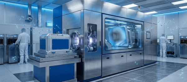 Cleanroom technicians operate large stainless steel wafer-processing equipment in a blue-lit semiconductor fabrication lab