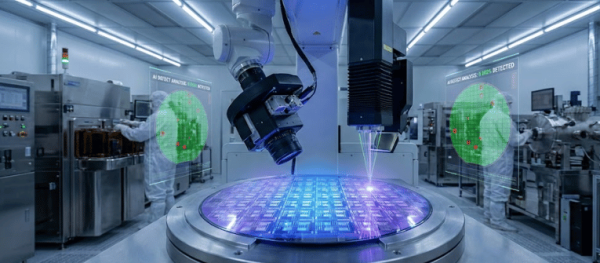 Cleanroom wafer inspection with robotic laser and camera scanning microchips, technicians monitoring holographic defect-analysis displays