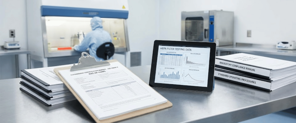 Cleanroom workspace with clipboard, stacked SOP manuals, tablet showing HEPA filter test graphs, and technician in protective suit