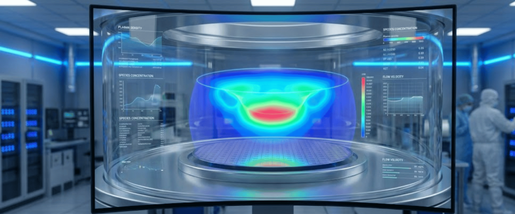 Curved monitor displaying colorful 3D thermal simulation and data graphs in a sterile lab with technicians in protective suits