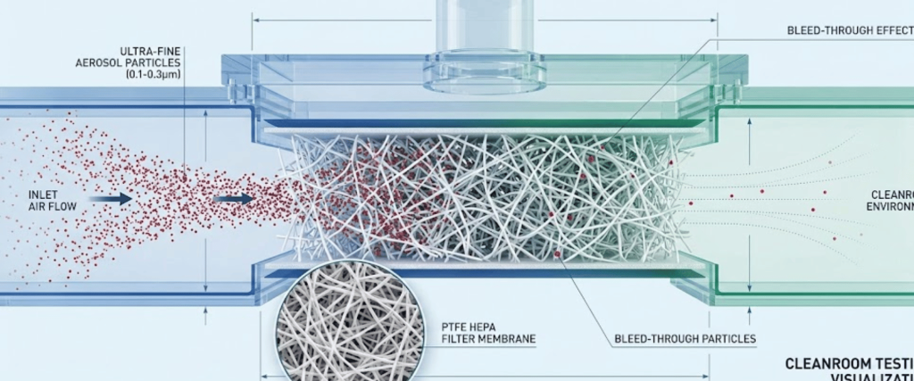 Cutaway diagram of air passing through a HEPA-like PTFE filter membrane, showing aerosol particles trapped and some bleed-through into a cleanroom