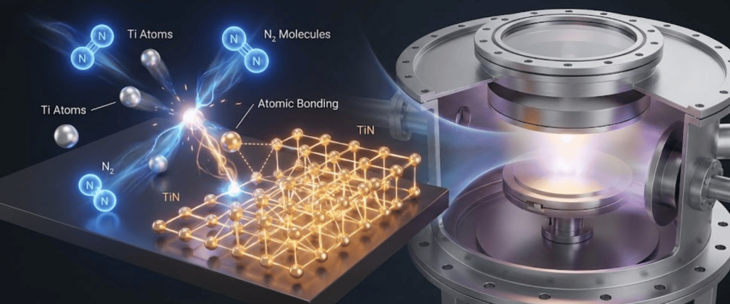 Diagram showing titanium and nitrogen atoms forming TiN via atomic bonding next to a vacuum chamber with glowing plasma deposition equipment