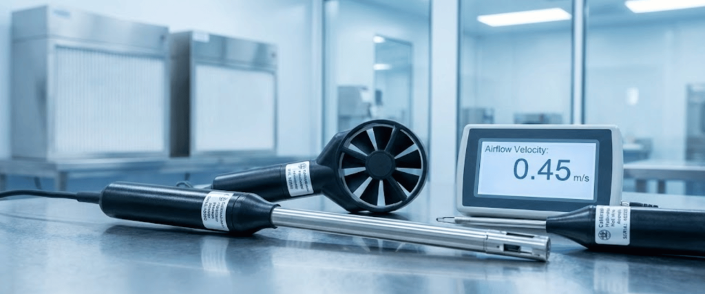Digital anemometer probes and display on a lab bench showing airflow velocity 0.45 m/s in a clean, clinical testing room
