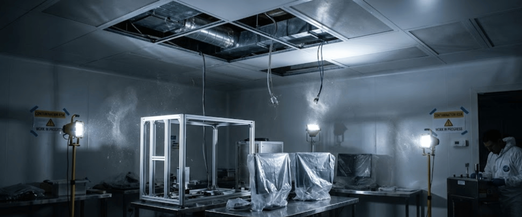Dimly lit cleanroom under construction with covered equipment, exposed ceiling ducts, work lights, and a technician in protective suit