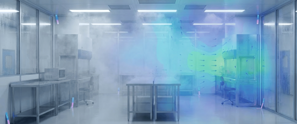 Foggy laboratory room with stainless worktables, stools and fume hoods, soft blue-green airflow visualization drifting through the space