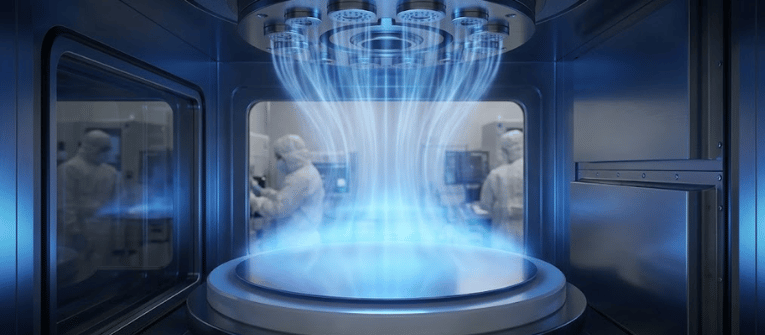 Futuristic lab chamber emitting blue energy beams from a circular device, technicians in hazmat suits visible through windows