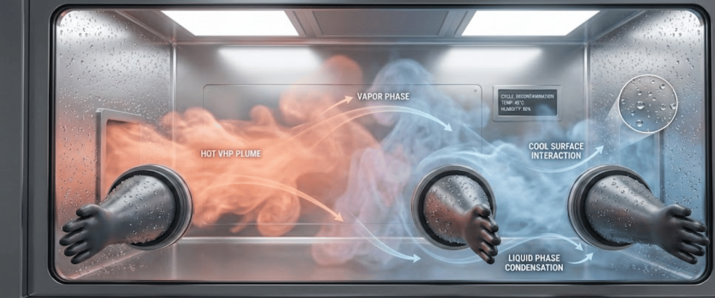 Gloved hands operate a sealed decontamination chamber showing hot VHP plume (orange) and cool condensation (blue) with labeled vapor and liquid phases