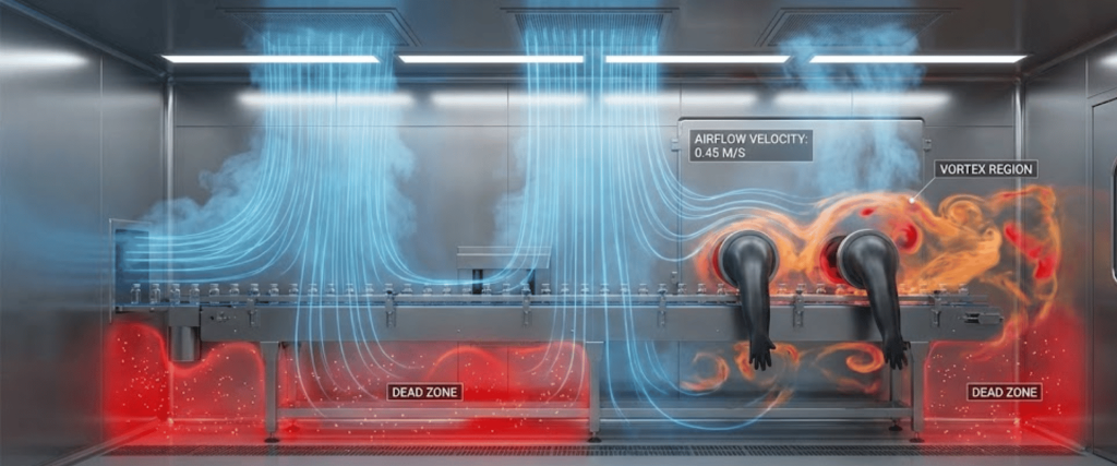 Gloved operators at a sterile pass‑through station with blue airflow streams, orange vortices, and labeled dead zones