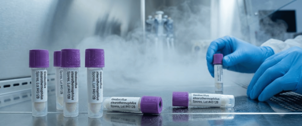 Hands in blue gloves handling labeled lab vials of Geobacillus stearothermophilus spores on a foggy stainless steel bench