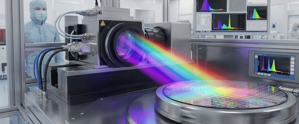 High-tech cleanroom workstation testing a semiconductor wafer with colorful laser beams and monitoring displays