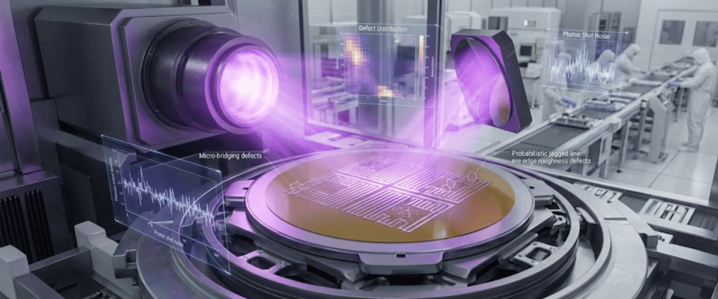 High-tech semiconductor wafer inspection station with purple laser scanning chips and engineers in cleanroom behind