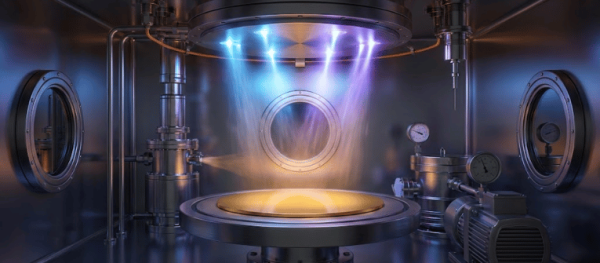 High-tech vacuum chamber with glowing plasma jets above a circular sample stage, metal pipes, gauges and viewing ports