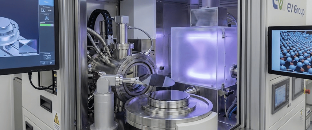 High-tech vacuum deposition system with robotic wafer handling, circular metal stages and display screens inside a cleanroom cabinet