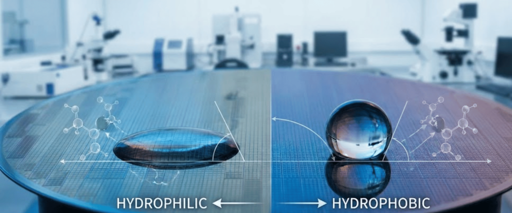 Hydrophilic left droplet spreads on a lab wafer; hydrophobic right droplet beads up, with lab equipment and molecular diagrams in background