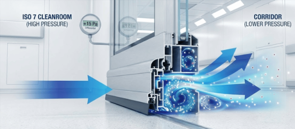 ISO 7 cleanroom high-pressure air flows through a sealed door threshold into lower-pressure corridor, showing airflow and pressure differential