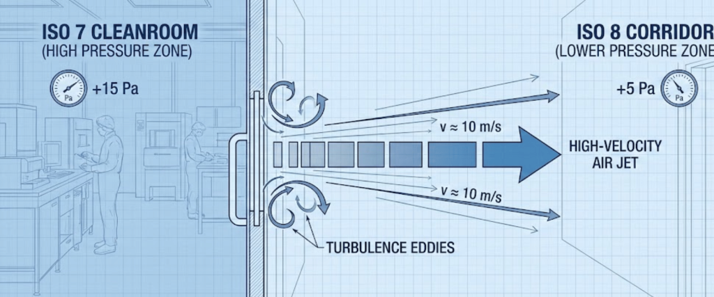 ISO7 cleanroom at +15 Pa and ISO8 corridor at +5 Pa separated by door with high-velocity air jet and turbulence eddies