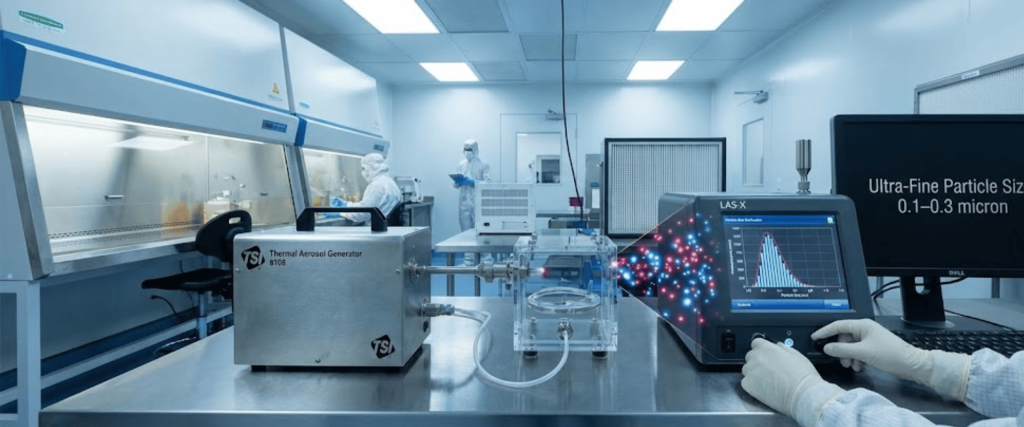 Lab technician in cleanroom operating aerosol generator and particle counter showing ultra-fine particle size 0.1–0.3 micron graph on monitor