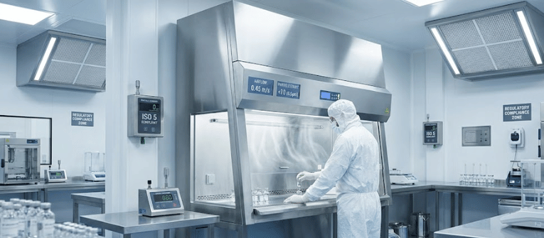 Lab technician in full cleanroom suit working at a laminar flow hood with sterile vials and monitoring equipment in a lab