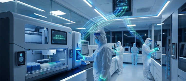 Lab technicians in full protective suits operate automated lab equipment in a high-tech cleanroom, secure cloud data links visible overhead