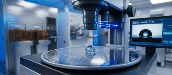 Laboratory contact-angle measurement setup droplet on sensor stage beneath microscope with monitor showing CONTACT ANGLE 112.5°