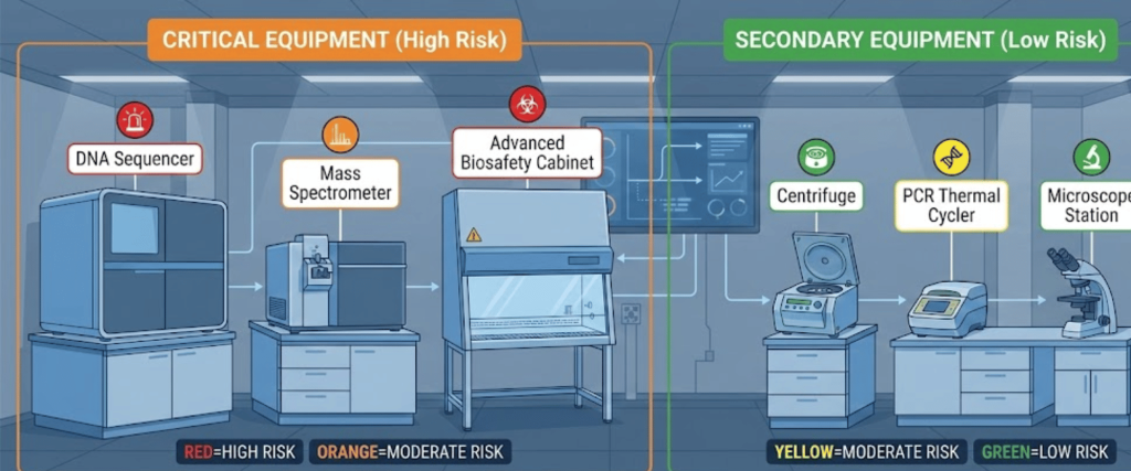 Laboratory layout showing high-risk critical equipment (DNA sequencer, mass spectrometer, biosafety cabinet) and low-risk secondary tools