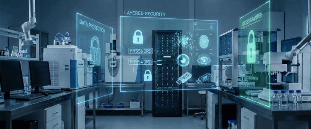 Laboratory with servers and holographic security overlays showing locks, fingerprint, password fields, and access granted icons