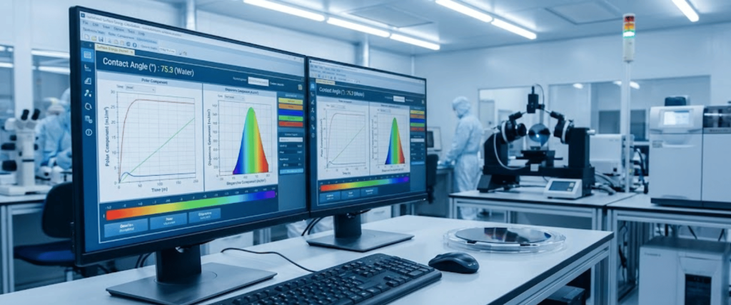 Laboratory workstation with dual monitors displaying scientific graphs and spectra, keyboard and mouse, and cleanroom equipment in background