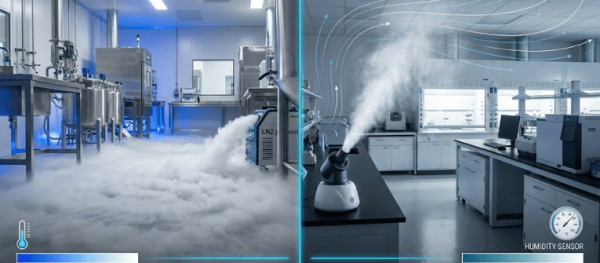 Liquid nitrogen fog fills a cold lab on the left; ultrasonic mist disperses across a cleanroom lab on the right, showing airflow