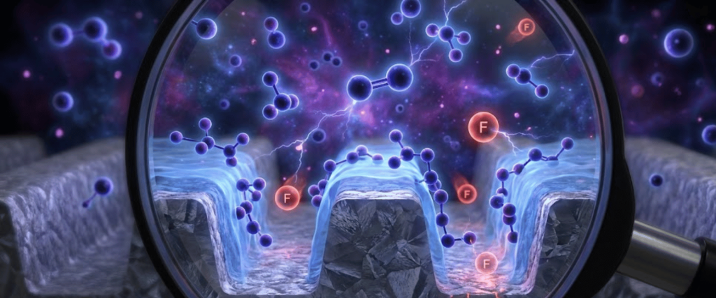 Magnified view of molecular particles and fluorine atoms interacting above a textured surface, shown through a circular lens