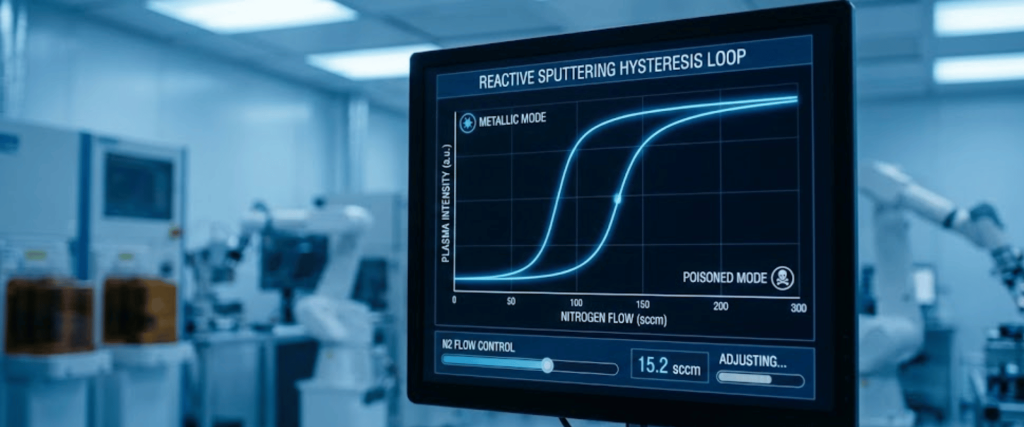 Medical lab monitor showing a reactive sputtering hysteresis loop graph with nitrogen flow and plasma intensity controls